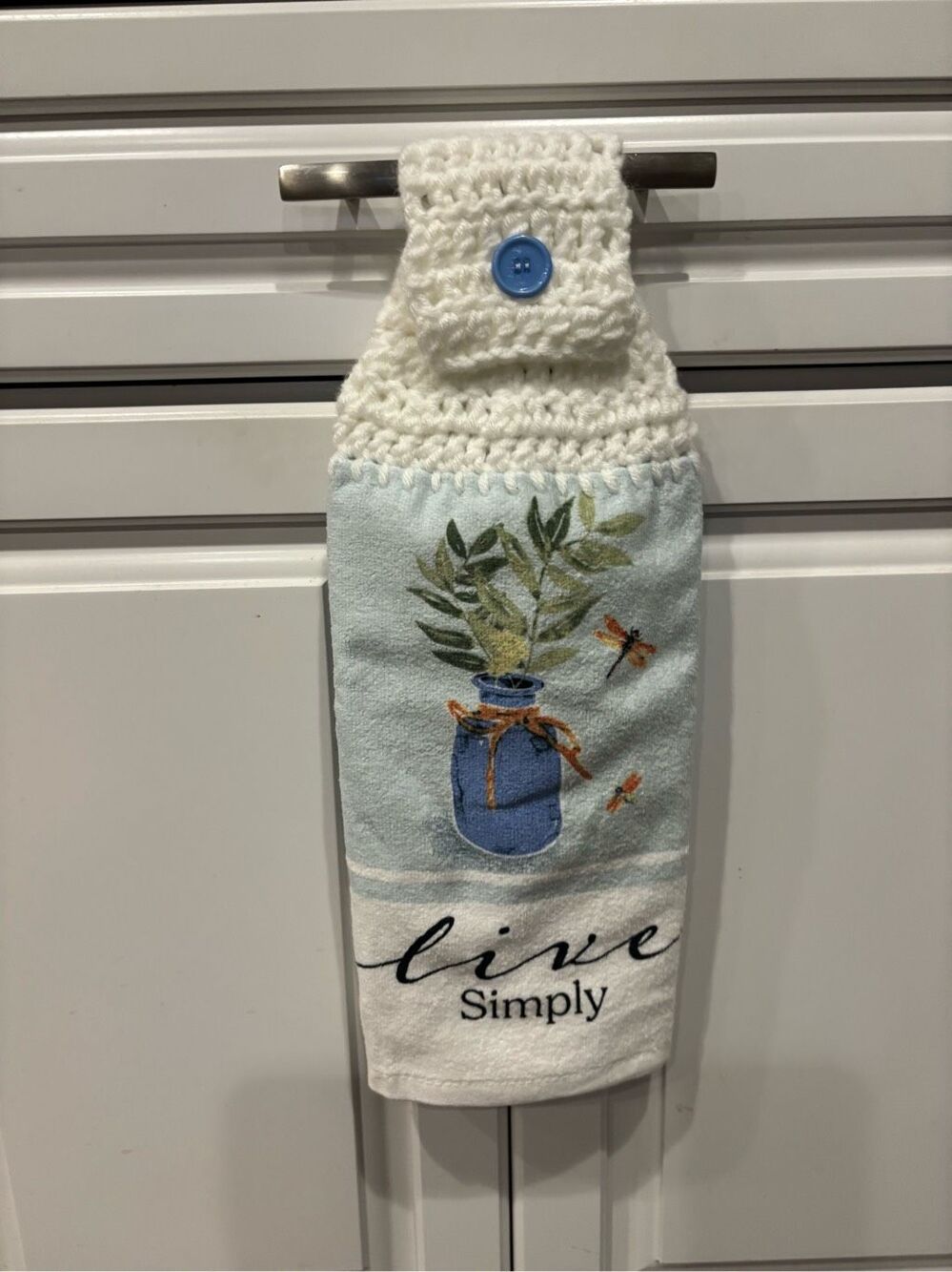 Crochet Top Kitchen Towel- Live simple (leaves and jar)
